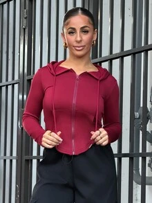 SAYEHFBABY 女款抽繩連帽前口袋修身短版長袖運動衫，長袖上衣拉鍊夾克連帽衫休閒款 - 酒紅色 - 查看 6