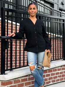 SAYEHFBABY Atasan Denim Wanita Kancing Depan Pinggang Kasual Hitam - Hitam - View 1