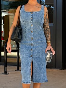 SAYEHFBABY Fashionable Casual Washed Denim Front Slit Women Denim Dress - Blue - View 4