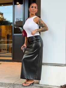 SAYEHFBABY Women's PU Bodycon High Slit Skirt Fall,Winter Leather Skirt Black - Black - View 3