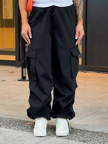 SAYEHFBABY Flap Pocket Side Drawstring Waist Cargo Black Pants - Black - View 5