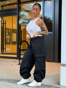SAYEHFBABY Flap Pocket Side Drawstring Waist Cargo Black Pants - Black - View 6