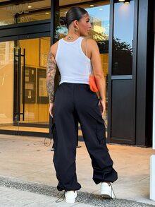 SAYEHFBABY Flap Pocket Side Drawstring Waist Cargo Black Pants - Black - View 2