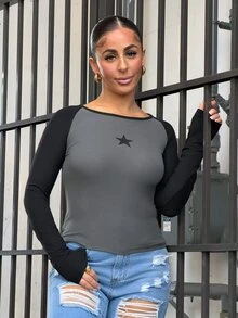SAYEHFBABY Casual Star Print Colorblock Raglan Long Sleeve T-Shirt For Fall,Back To School Clothes Black - Black - View 4
