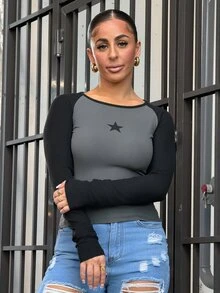SAYEHFBABY Casual Star Print Colorblock Raglan Long Sleeve T-Shirt For Fall,Back To School Clothes Black - Black - View 5