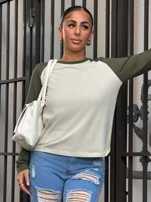 SAYEHFBABY Colorblock Raglan Sleeve Tee Long Sleeve Women Tops Casual - Multicolor - View 5