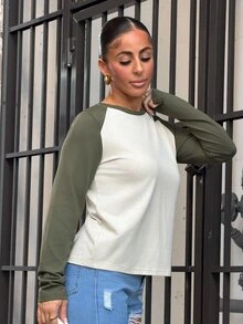 SAYEHFBABY Colorblock Raglan Sleeve Tee Long Sleeve Women Tops Casual - Multicolor - View 4