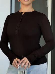 SAYEHFBABY Women's Half-Zip Long Sleeve Bodycon T-Shirt Casual Black - Black - View 6