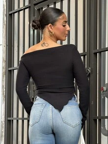 SAYEHFBABY Y2K Grunge Asymmetrical Neck Lettuce Trim Tee Asymmetrical Top One Shoulder Top Black Top,Fall Casual - Black - View 2