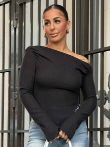 SAYEHFBABY Y2K Grunge Asymmetrical Neck Lettuce Trim Tee Asymmetrical Top One Shoulder Top Black Top,Fall Casual - Black - View 5