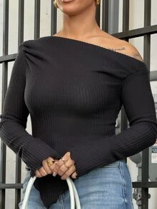 SAYEHFBABY Y2K Grunge Asymmetrical Neck Lettuce Trim Tee Asymmetrical Top One Shoulder Top Black Top,Fall Casual - Black - View 6