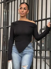 SAYEHFBABY Y2K Grunge Asymmetrical Neck Lettuce Trim Tee Asymmetrical Top One Shoulder Top Black Top,Fall Casual - Black - View 1