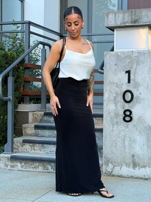 SAYEHFBABY Women's Elegant Minimalist Green Low-Waist Skirt, Suitable For Summer Vacation And Dates Black - Black - View 3