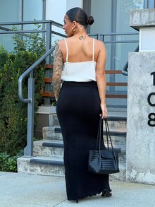 SAYEHFBABY Women's Elegant Minimalist Green Low-Waist Skirt, Suitable For Summer Vacation And Dates Black - Black - View 2