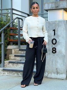 SAYEHFBABY Women's Elegant Cream White Tweed Jacket Autumn Office Long Sleeve Shirt,Asymmetrical Placket Starfish Metal Button Decoration Suit Jacket Tops - Apricot - View 4