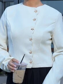 SAYEHFBABY Women's Elegant Cream White Tweed Jacket Autumn Office Long Sleeve Shirt,Asymmetrical Placket Starfish Metal Button Decoration Suit Jacket Tops - Apricot - View 6