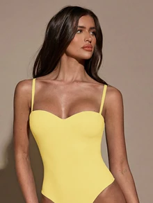 SHEIN BAE Women's Elegant Solid Color Sleeveless Bodysuit, Summer - Mustard Yellow - View 1
