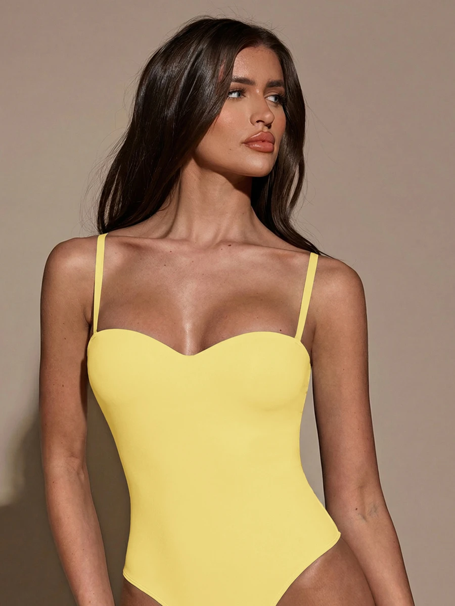SHEIN BAE Women's Elegant Solid Color Sleeveless Bodysuit, Summer - Mustard Yellow - View 1