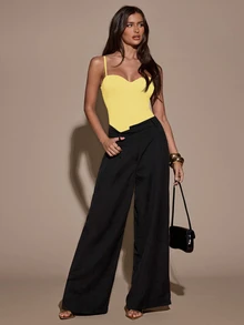SHEIN BAE Women's Elegant Solid Color Sleeveless Bodysuit, Summer - Mustard Yellow - View 3
