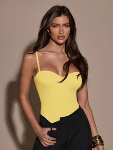 SHEIN BAE Women's Elegant Solid Color Sleeveless Bodysuit, Summer - Mustard Yellow - View 6