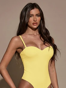 SHEIN BAE Women's Elegant Solid Color Sleeveless Bodysuit, Summer - Mustard Yellow - View 5
