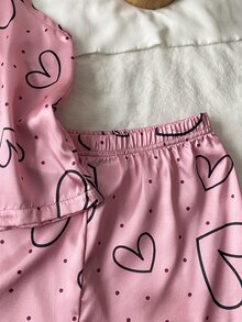 女童可爱优雅粉色爱心图案阻燃面料吊带背心和短裤休闲舒适两件套睡衣 - 粉色 - 查看 5