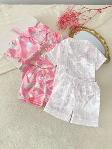 SHEIN Girls' Pink Rainbow Print Collar Open Front Short Sleeve Shorts Set Flame Retardant Loungewear - Pink - View 1