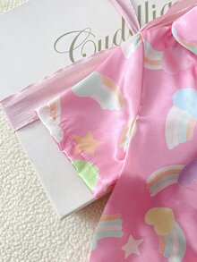 SHEIN Girls' Pink Rainbow Print Collar Open Front Short Sleeve Shorts Set Flame Retardant Loungewear - Pink - View 4