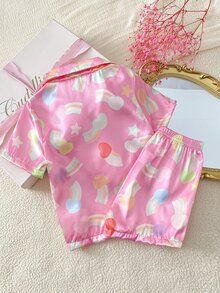 SHEIN Girls' Pink Rainbow Print Collar Open Front Short Sleeve Shorts Set Flame Retardant Loungewear - Pink - View 3