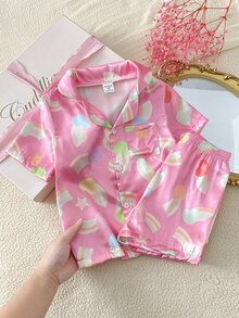 SHEIN Girls' Pink Rainbow Print Collar Open Front Short Sleeve Shorts Set Flame Retardant Loungewear - Pink - View 2