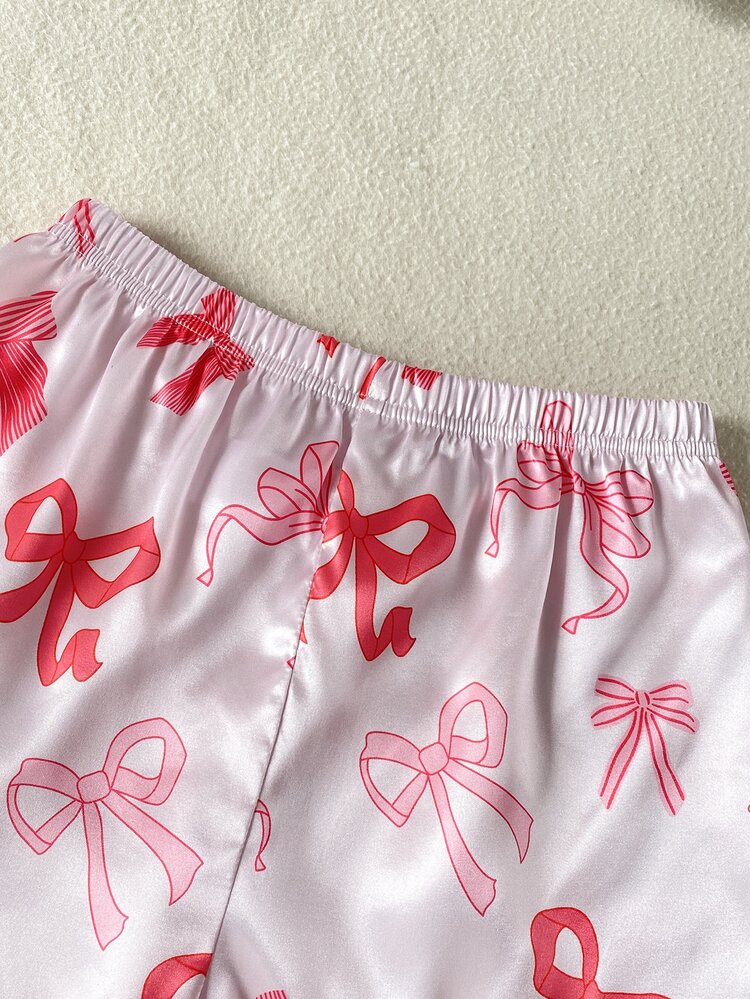 Girls Lovely Pink Bow Print Casual Comfortable Short Sleeve Shorts Pajama Set - Pink - View 5