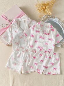 SHEIN 女童粉色蝴蝶结印花翻领短袖短裤套装，阻燃家居服 - 白色 - 查看 8