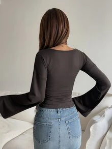 Livesso Women's Solid Color Ruched Slim Fit Versatile Daily Casual T-Shirt Autumn Going Out Night Dark Brown - Coffee Brown - View 2