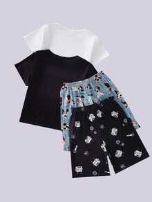 Randomly Ships2 Of 6 Set Tween Boys Summer Pajamas With Shorts,Cute Cartoon Graphic Black,Casual Loungewear Sleepwear Soft Knit FMatching Round Neck Set - Multicolor - View 3