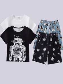 Randomly Ships2 Of 6 Set Tween Boys Summer Pajamas With Shorts,Cute Cartoon Graphic Black,Casual Loungewear Sleepwear Soft Knit FMatching Round Neck Set - Multicolor - View 2