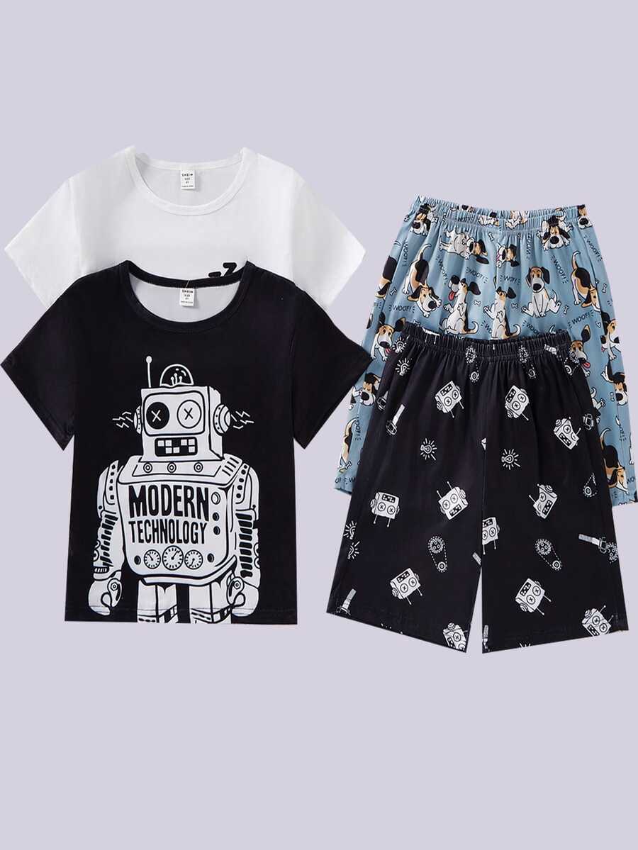 Randomly Ships2 Of 6 Set Tween Boys Summer Pajamas With Shorts,Cute Cartoon Graphic Black,Casual Loungewear Sleepwear Soft Knit FMatching Round Neck Set