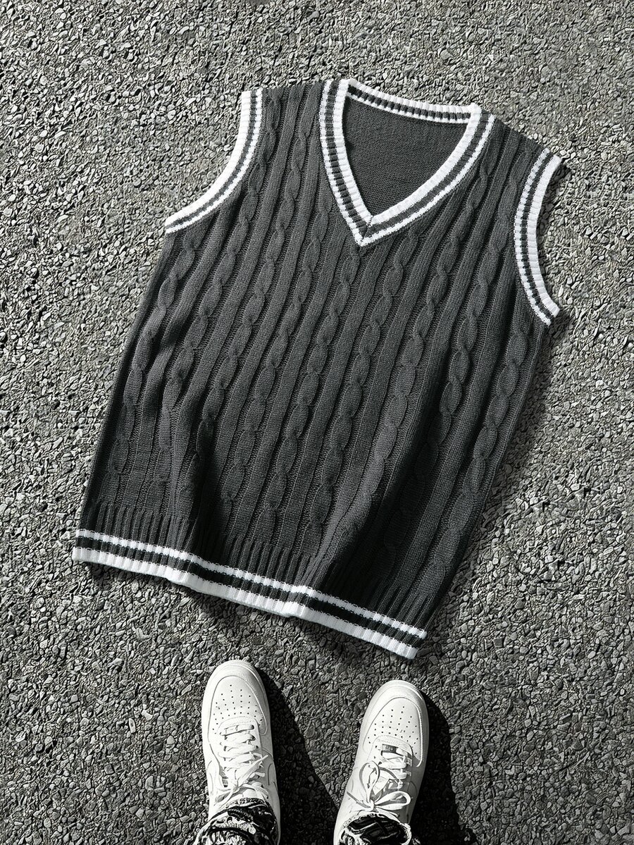 Manfinity Hypemode Chaleco de punto de cable con contraste de color para vacaciones de moda para hombres - Gris Oscuro - Ver 1