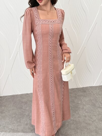 Al Najma Spring/Autumn Elegant Fashionable Elegant Lace-Up Cinched Waist Hollow Lace Square Neck Lantern Long Sleeve Women's Dress