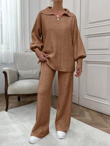 EURMUSE Rib Pattern Polo Neck Sweater And Pant 2pcs Set - Camel - View 8