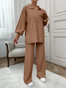 EURMUSE Rib Pattern Polo Neck Sweater And Pant 2pcs Set - Camel - View 7