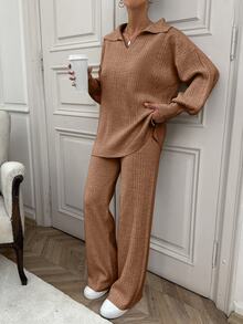 EURMUSE Rib Pattern Polo Neck Sweater And Pant 2pcs Set - Camel - View 4