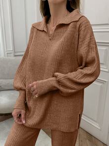 EURMUSE Rib Pattern Polo Neck Sweater And Pant 2pcs Set - Camel - View 3