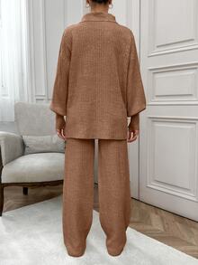 EURMUSE Rib Pattern Polo Neck Sweater And Pant 2pcs Set - Camel - View 2