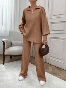 EURMUSE Rib Pattern Polo Neck Sweater And Pant 2pcs Set - Camel - View 6