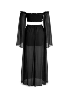 SHEIN Maternity 2 Pieces Set Elegant Sexy Photography Photoshoot Outfit Black Frill Trim Cold Shoulder Long Sleeve Ruched Top Elastic Waist A-Line Skirt Slit - Black - View 2