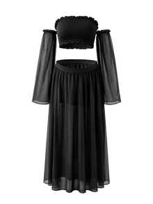 SHEIN Maternity 2 Pieces Set Elegant Sexy Photography Photoshoot Outfit Black Frill Trim Cold Shoulder Long Sleeve Ruched Top Elastic Waist A-Line Skirt Slit - Black - View 7
