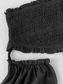 SHEIN Maternity 2 Pieces Set Elegant Sexy Photography Photoshoot Outfit Black Frill Trim Cold Shoulder Long Sleeve Ruched Top Elastic Waist A-Line Skirt Slit - Black - View 6
