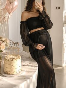 SHEIN Maternity 2 Pieces Set Elegant Sexy Photography Photoshoot Outfit Black Frill Trim Cold Shoulder Long Sleeve Ruched Top Elastic Waist A-Line Skirt Slit - Black - View 1