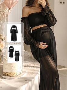 SHEIN Maternity 2 Pieces Set Elegant Sexy Photography Photoshoot Outfit Black Frill Trim Cold Shoulder Long Sleeve Ruched Top Elastic Waist A-Line Skirt Slit - Black - View 8