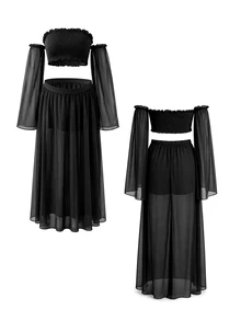 SHEIN Maternity 2 Pieces Set Elegant Sexy Photography Photoshoot Outfit Black Frill Trim Cold Shoulder Long Sleeve Ruched Top Elastic Waist A-Line Skirt Slit - Black - View 3